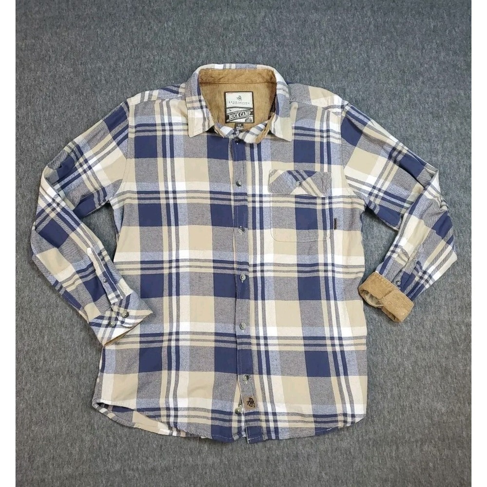 Legendary Whitetails Flannel Mens Large Buck Camp Shirt Blue Corduroy Cuffs
